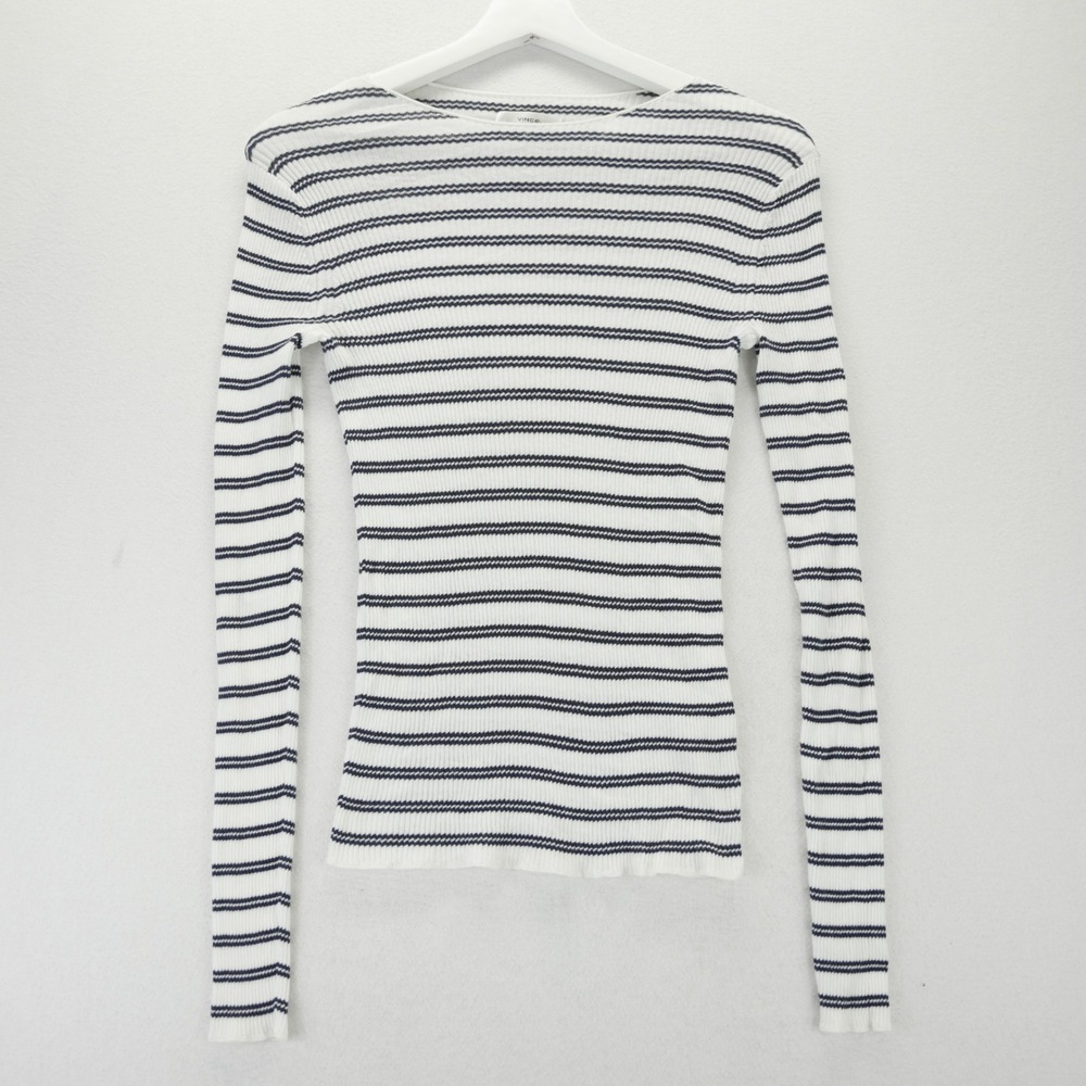 Vince Stripe Ribbed Boatneck Cotton Sweater White‎ Navy Blue V658278438 Small